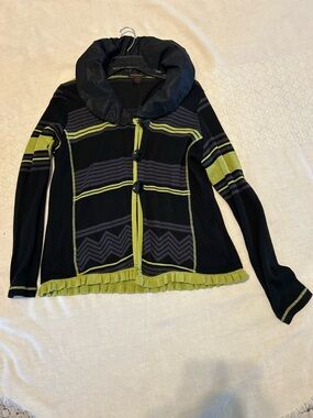 Alison Sherri mixed media Black & Lime Stripe Button-Front Cardigan Sweater XL